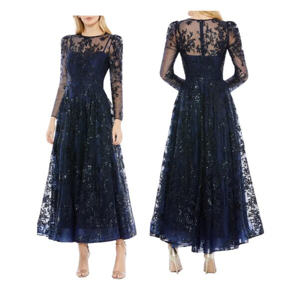 Mac Duggal Navy Sequin Sheer Lace Maxi Gown Prom Dress Womens 4 Long Sleeve - Picture 1 of 16